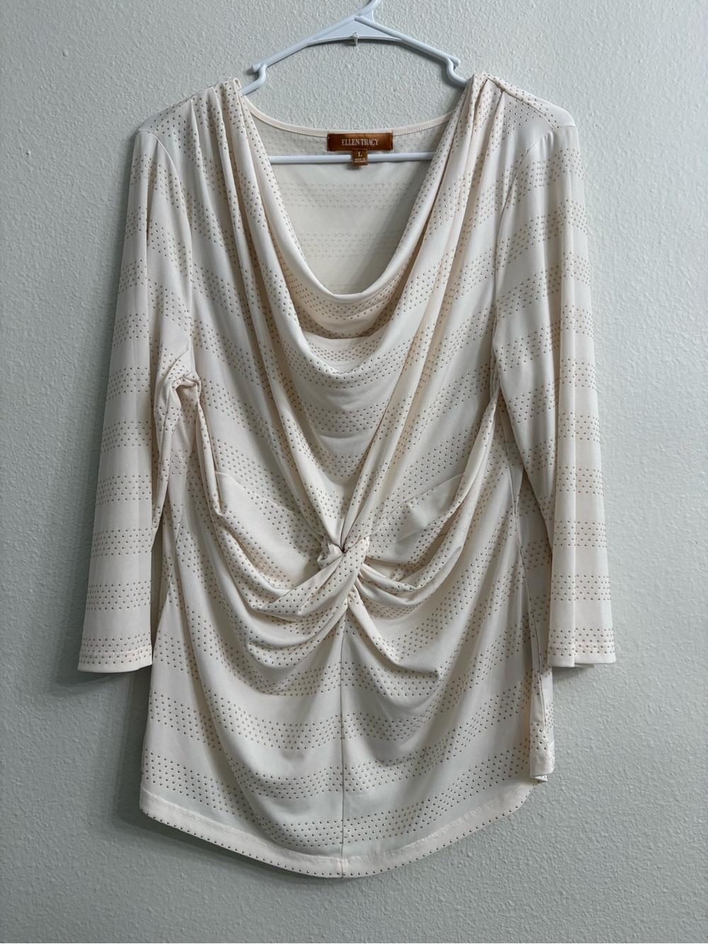 Ellen Tracy Women's Cream Gold Dot Cowl Neck Blouse Size Large Twist Knot Front
